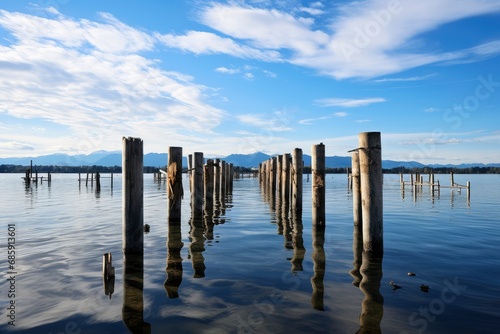 Old Wooden Pier Posts in Calm Lake with Mountain View