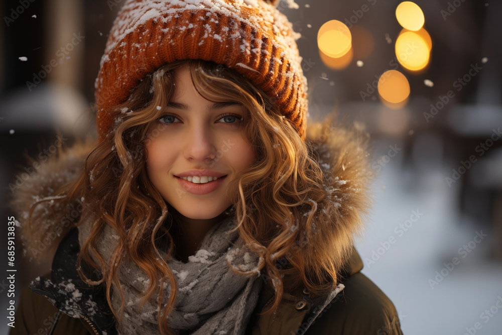 Portrait of a cheerful beautiful young woman in warm clothes. Outdoor. Winter snowing weather. Smiling and calm. Long curly hair. Urban snowing winter beauty fashion concept. Generative Ai content Portrait of a cheerful beautiful young woman in warm clothes. Outdoor. Winter snowing weather. Smiling and calm. Long curly hair. Urban snowing winter beauty fashion concept. Generative Ai content