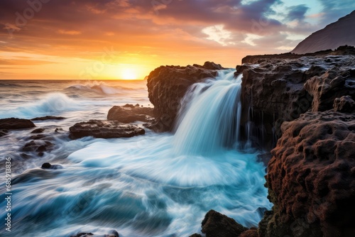 Ocean Waterfall on Rocky Cliff at Sunset