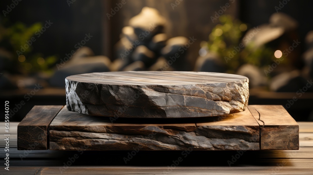 Artistic Wooden Podium with Stone Accents in a Dramatic Spotlight.