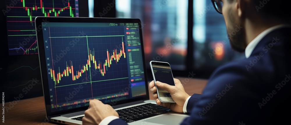 Strategic Financial Analysis. Investor Analyzing Stock Market Trends and Cryptocurrency Trade on Computer Screen with Analytic Precision and Investment Insight Strategic Financial Analysis. Investor Analyzing Stock Market Trends and Cryptocurrency Trade on Computer Screen with Analytic Precision and Investment Insight