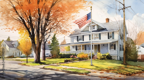 american flag in the wind honoring and mourning the U.S. military personnel who died while serving in the United States in front of a house in watercolor painting style 