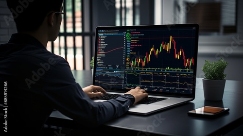 Strategic Financial Analysis. Investor Analyzing Stock Market Trends and Cryptocurrency Trade on Computer Screen with Analytic Precision and Investment Insight
