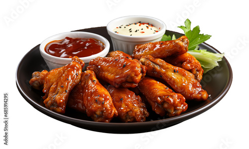 delicious chicken wings and ketchup or BBQ sauce in the middle fast food on a plate, isolated on transparent background, PNG file, professional studio photo