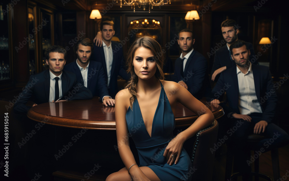 Beautiful woman sitting in diamond's dress in a restaurant surrounded by successful men Beautiful woman sitting in diamond's dress in a restaurant surrounded by successful men