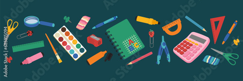 Set of school supplies. Pens, rulers, calculator, paints, pencils, markers, notebook, clips. Hand drawn vector illustration isolated on green background. Flat cartoon style.