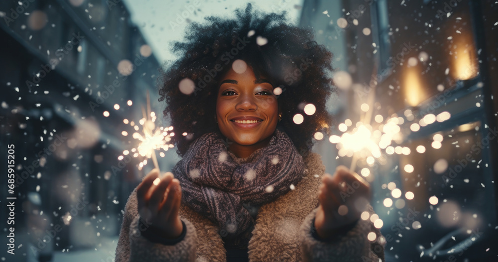 Woman is holding a sparkler in the snow Woman is holding a sparkler in the snow