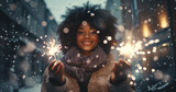 Woman is holding a sparkler in the snow