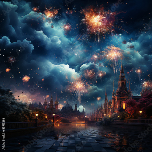 Celebration, happy new year fireworks on a fictional city