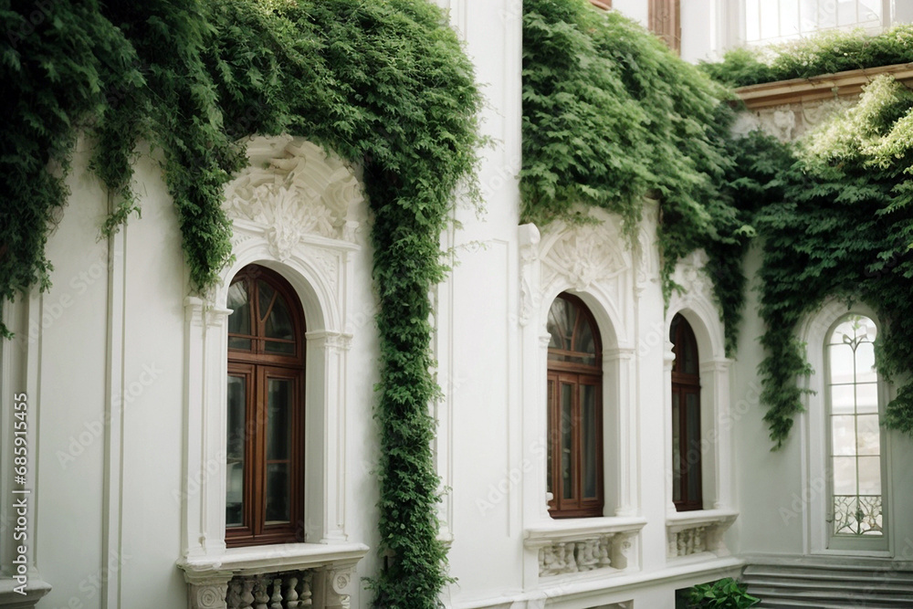 Beautiful architecture detail with white walls and green plants