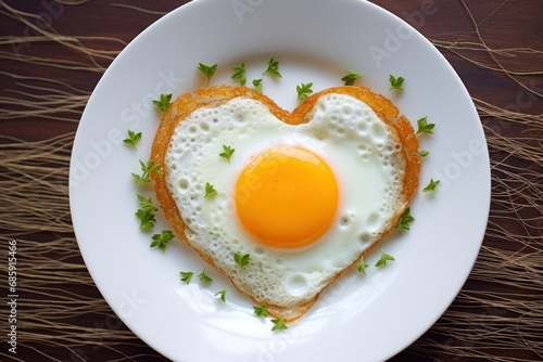 A heart-shaped fried egg represents a romantic Valentine's Day breakfast, copy space