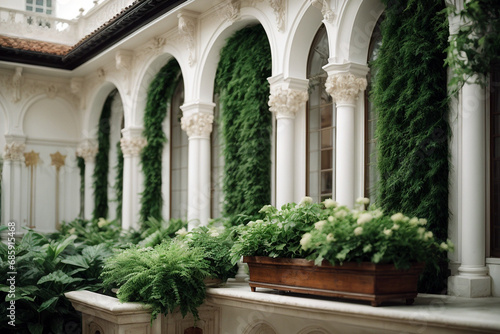 Beautiful architecture detail with white walls and green plants