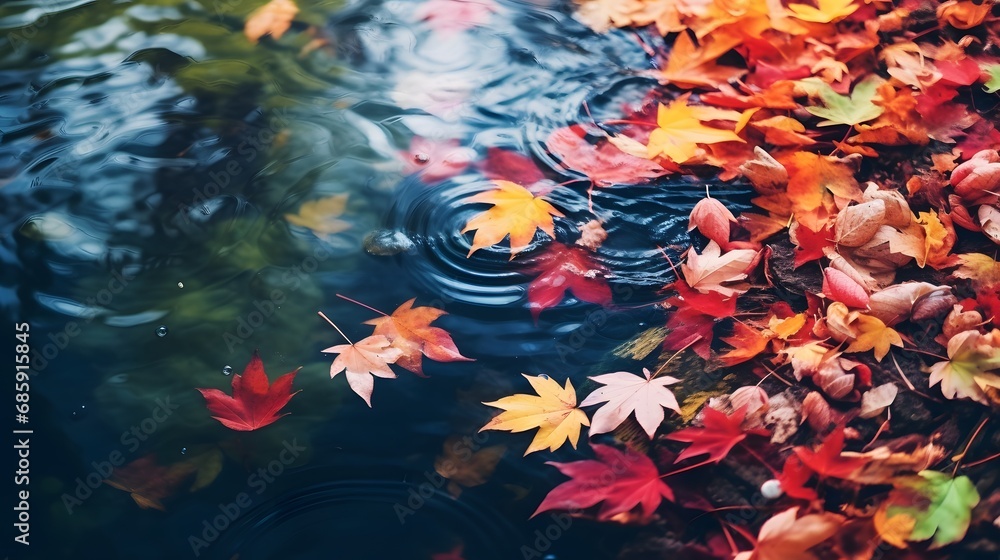 Colorful fall leaves in pond lake water, floating autumn wet leaf. Fall season leaves in rain puddle. Sunny autumn day foliage. October weather, november nature background
