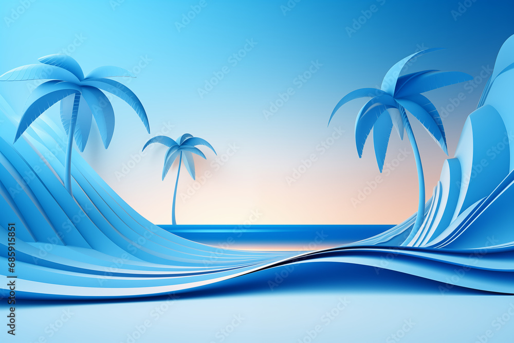 blue background with paper art of palm tree on the beach