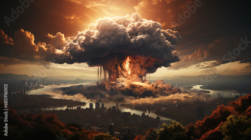 A nuclear explosion in the center of the big metropolis. Concept of third world war. AI generated