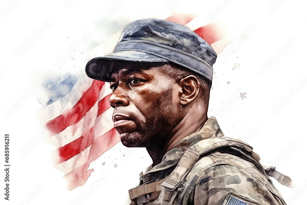 watercolor painting style of a black male soldier in military uniform in profile watercolor painting style of a black male soldier in military uniform in profile
