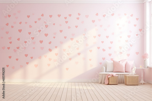 An empty room with a wall designed for Valentine s Day  natural lifgt