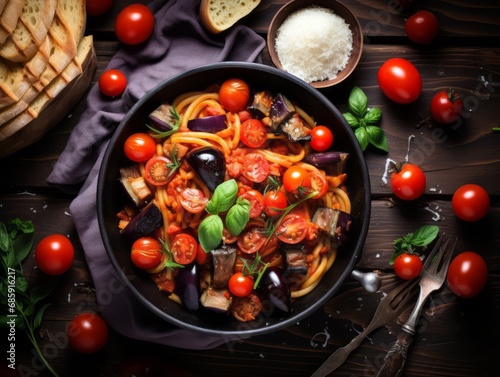 Top view of Pasta alla Norma, served in a rustic bowl, surrounded by ingredients like fresh tomatoes and eggplant, on a white wooden table for a fresh feel photo