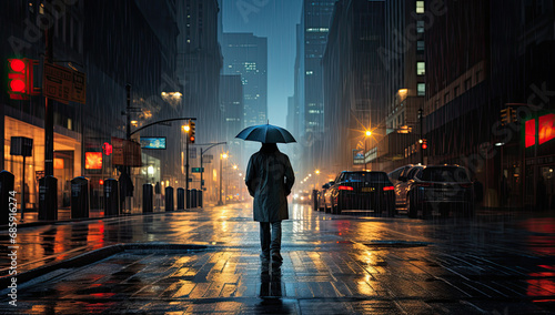 walking in rainy city in black coat on wet pavement