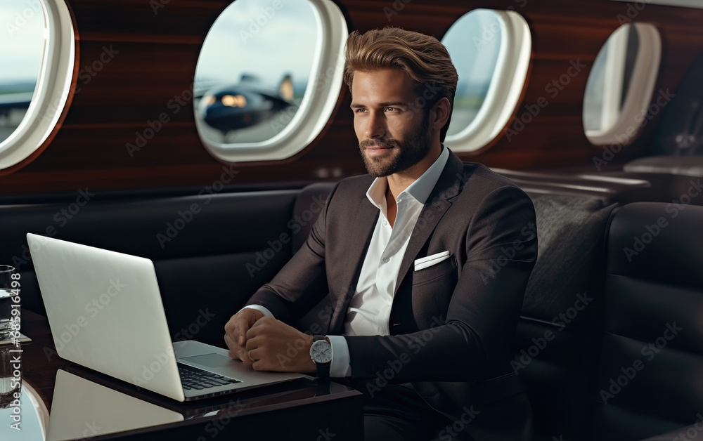 Handsome businessman sits at his desk in his luxury superjet and looks at a laptop Handsome businessman sits at his desk in his luxury superjet and looks at a laptop