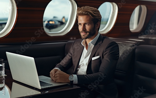Handsome businessman sits at his desk in his luxury superjet and looks at a laptop © piai