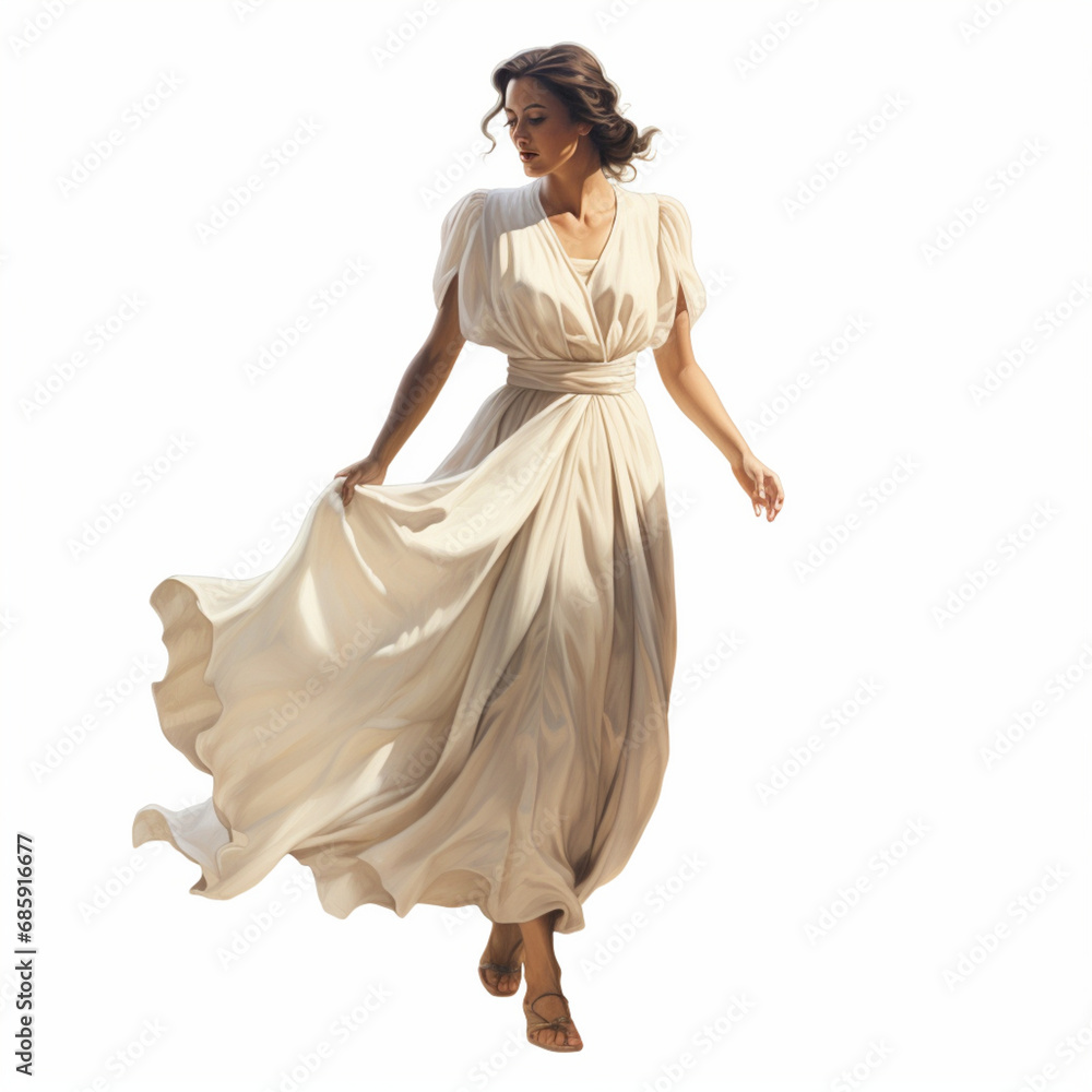 a barefoot woman in a very loose white dress from 1945 in full front view on a white background a barefoot woman in a very loose white dress from 1945 in full front view on a white background