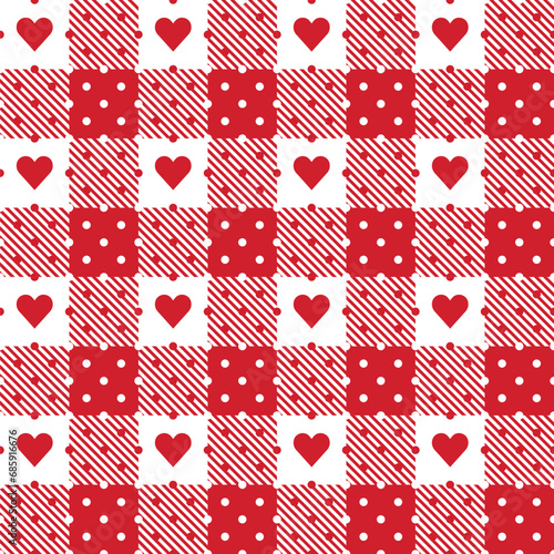 Red and white check vector seamless pattern, tartan plaid geometric design with hearts for Valentines' day napkins, tablecloth and for Christmas holiday designs