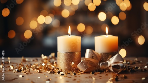Festive background with christmas candles and and luminous shine particles bokeh on a blurry background. Holiday concept for banner  greeting card  invitation.