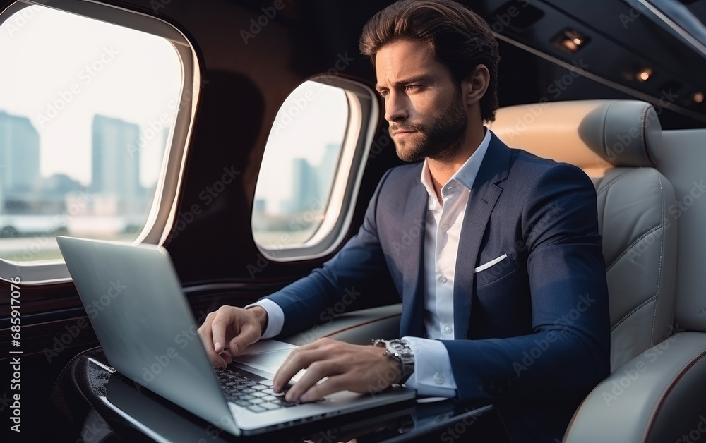 Handsome businessman sits at his desk in his luxury superjet and looks at a laptop