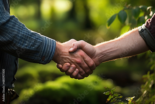 close up of people shaking hands against green background