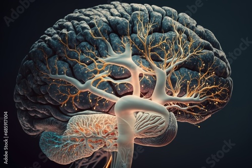 Close up of human brain showing neurons firing and neural extensions, limbic system Mammillary pituitary gland, amygdala thalamus, cingulate gyrus, corpus callosum, hypothalamus. photo