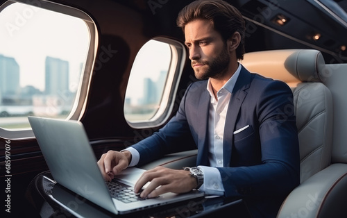 Handsome businessman sits at his desk in his luxury superjet and looks at a laptop