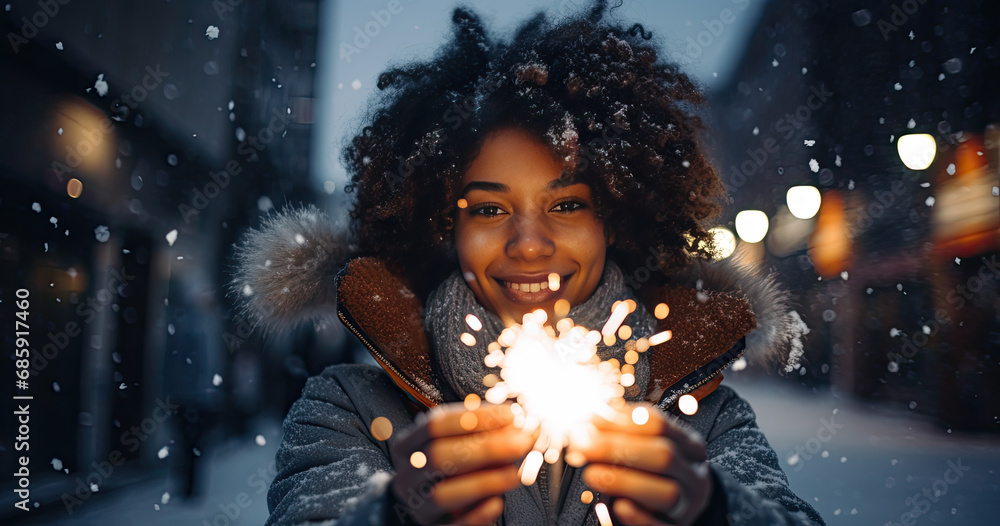 Woman is holding a sparkler in the snow Woman is holding a sparkler in the snow