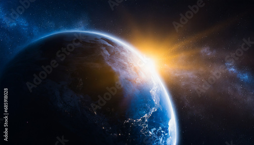 Captivating image of Earth at sunrise in the vastness of space, surrounded by galaxies and stars, a breathtaking cosmic view © Your Hand Please