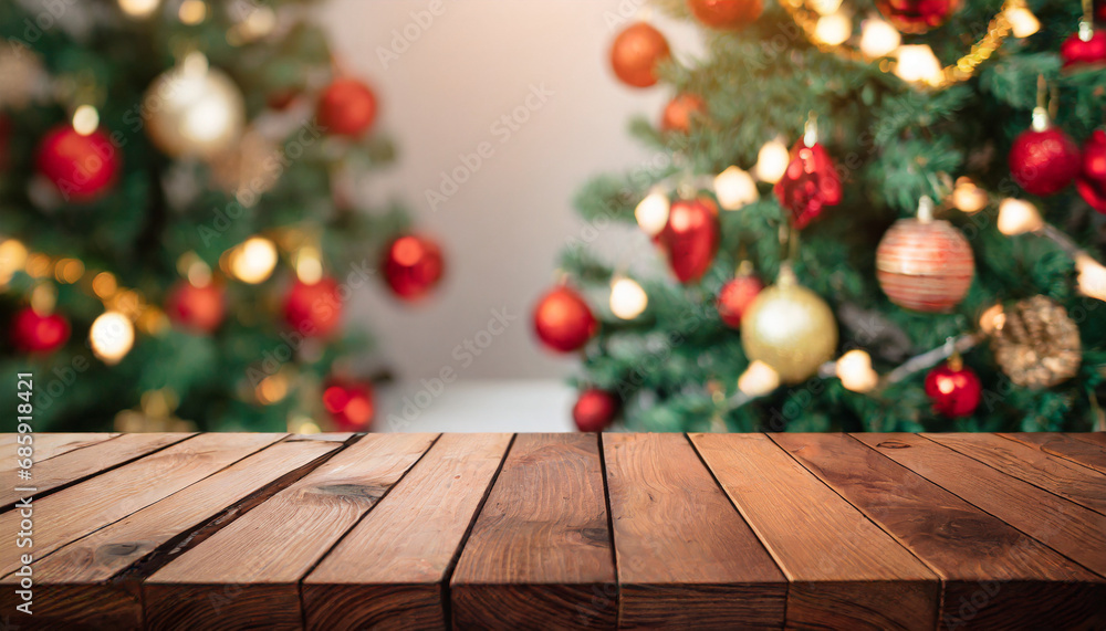 Empty wooden table with festive Christmas background, ready for holiday gatherings or seasonal decorations