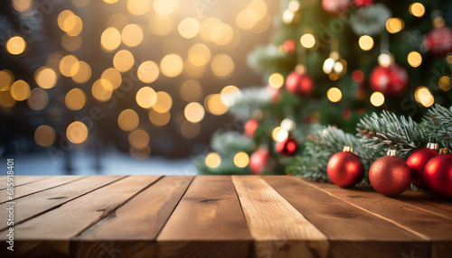 Empty wooden table with festive Christmas background  ready for holiday gatherings or seasonal decorations