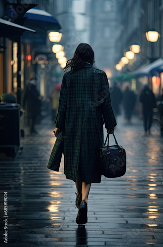 walking in rainy city in black coat on wet pavement