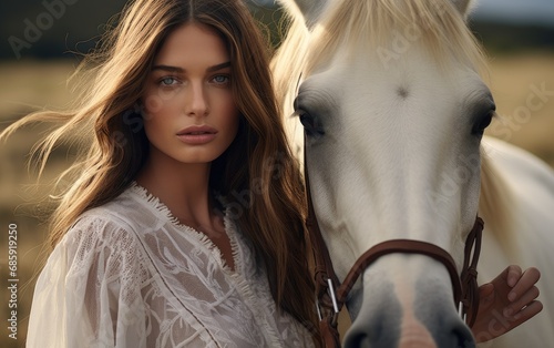 Beautiful woman with long straight hair leaning on a horse