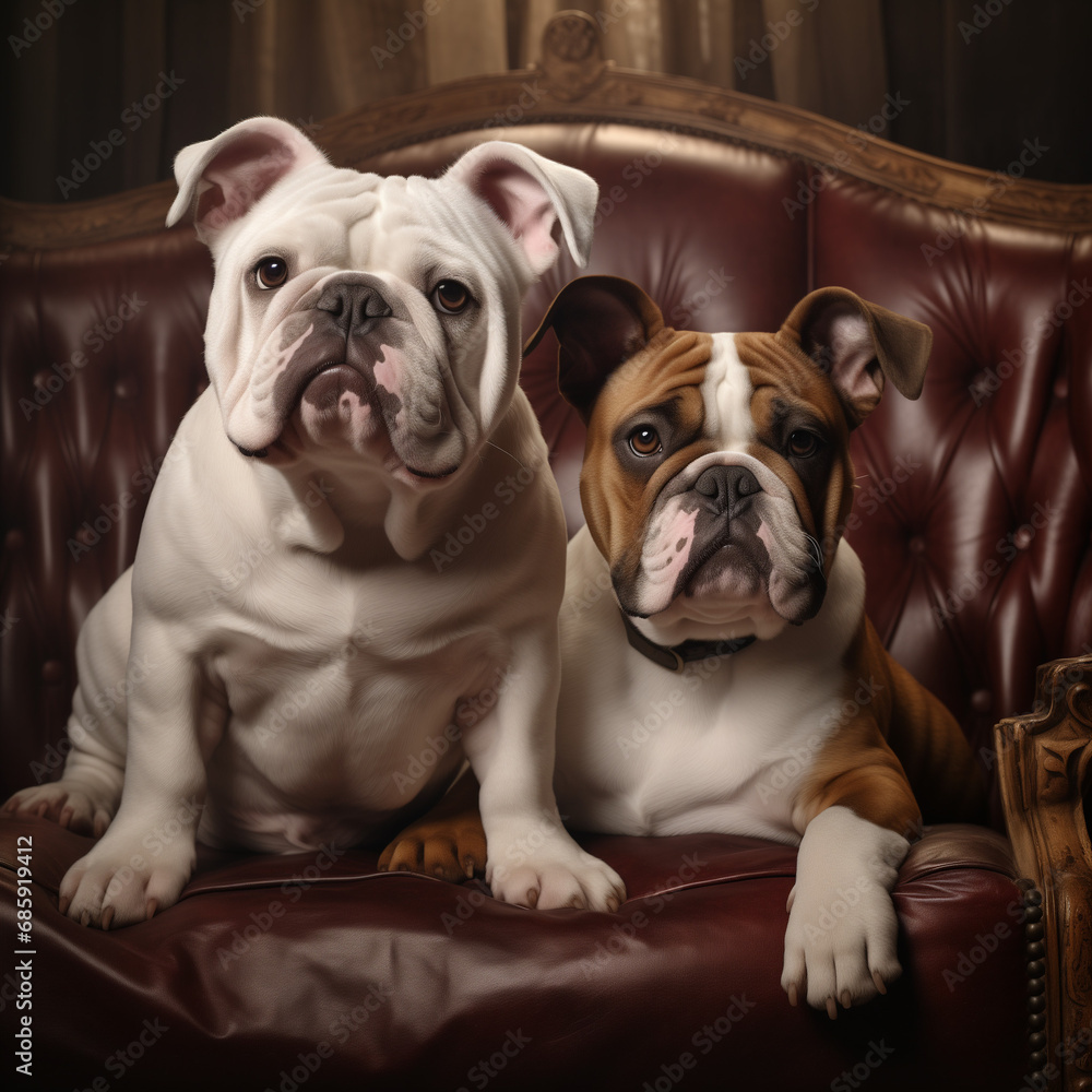 Bulldogs are sitting on a leather chair together.