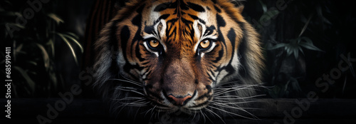 Wallpaper of a tiger's head in the dark.