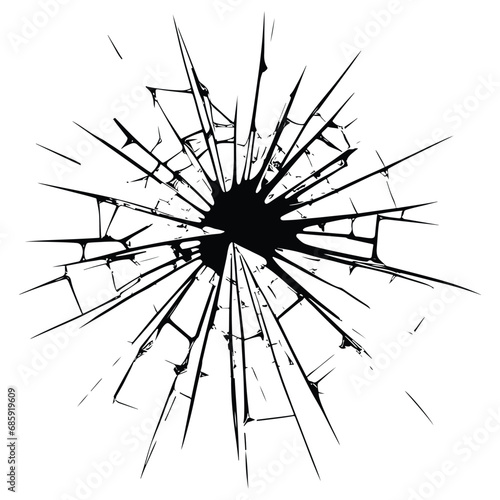 Broken Cracked glass. Hole in the glass surface. Vector drawing. Crime circle break crystal pane isolated on white backdrop. Window after crash or bullet, Broken mirror texture. White background.