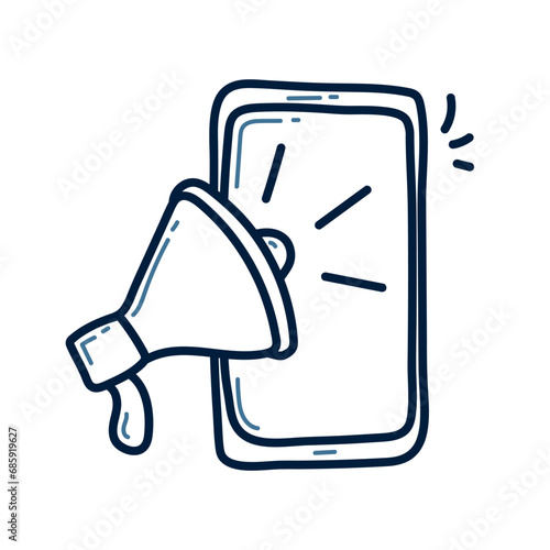 Hand drawn megaphone with smartphone doodle line illustration. Megaphone doodle icon. Digital marketing.