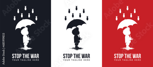 Stop the war text with a silhouette illustration of Children protecting themselves from rain bombs using an umbrella. Sign icon vector Illustration of World War crisis isolated on black background.