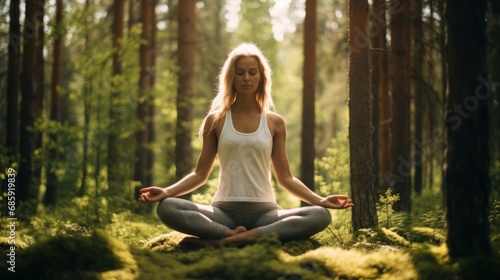 Young woman doing yoga exercises in a peaceful forest