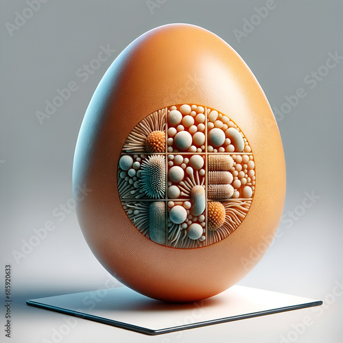 Egg infected with bacteria and viruses, a cautionary symbol for foodborne illnesses. Salmonella Enteritidis. Concept: Microbial Contamination, healthcare, food safety photo