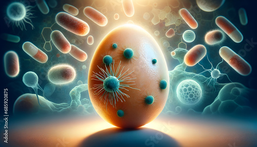Egg surface teeming with microbial life, a representation of potential contamination and health risks. Salmonella Enteritidis. Listeria monocytogenes. Concept: Foodborne, Pathogens, food safety photo