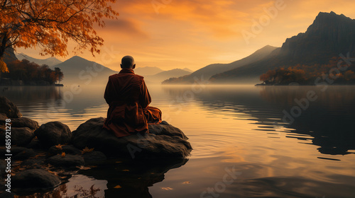 a monk sits by the water and meditates