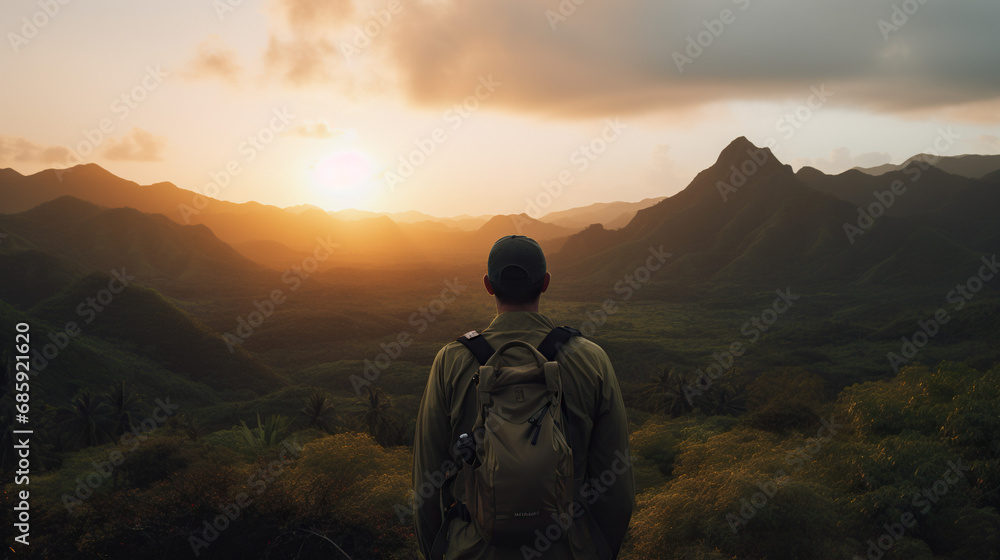 Man in hiking gear on top of mountain looking into the sunset. Concept of Summit Achievement, Nature's Majesty, and the Triumph of Personal Endeavor.