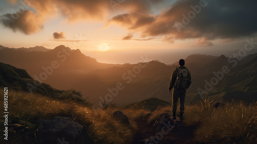 Man in hiking gear on top of mountain looking into the sunset. Concept of Summit Achievement, Nature's Majesty, and the Triumph of Personal Endeavor.