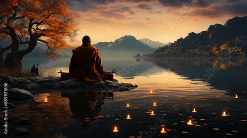 a monk sits by the water and meditates
